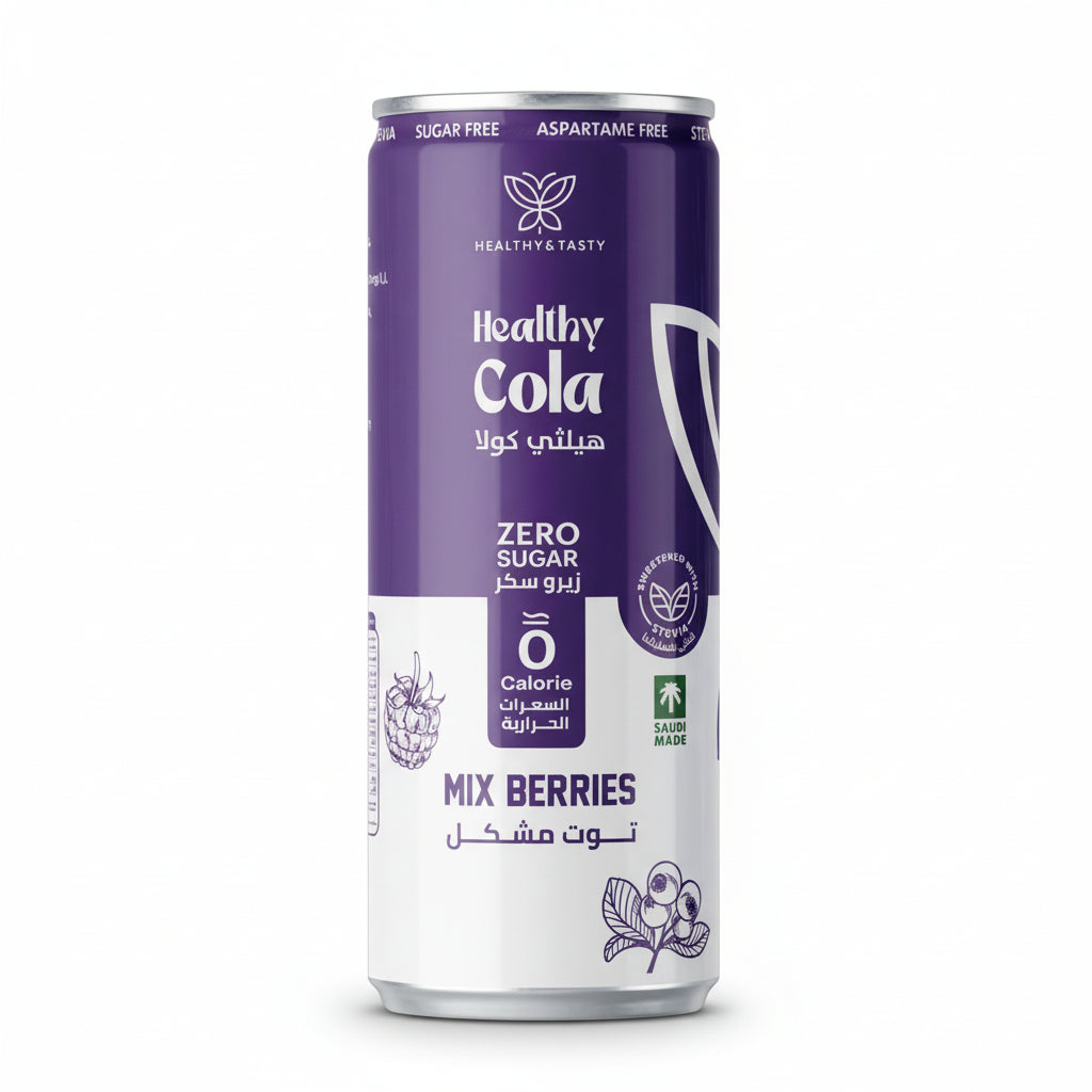 Healthy Cola Mix Berries 250ml sugar-free aluminum can with purple and white label, stevia sweetened zero calorie berry drink