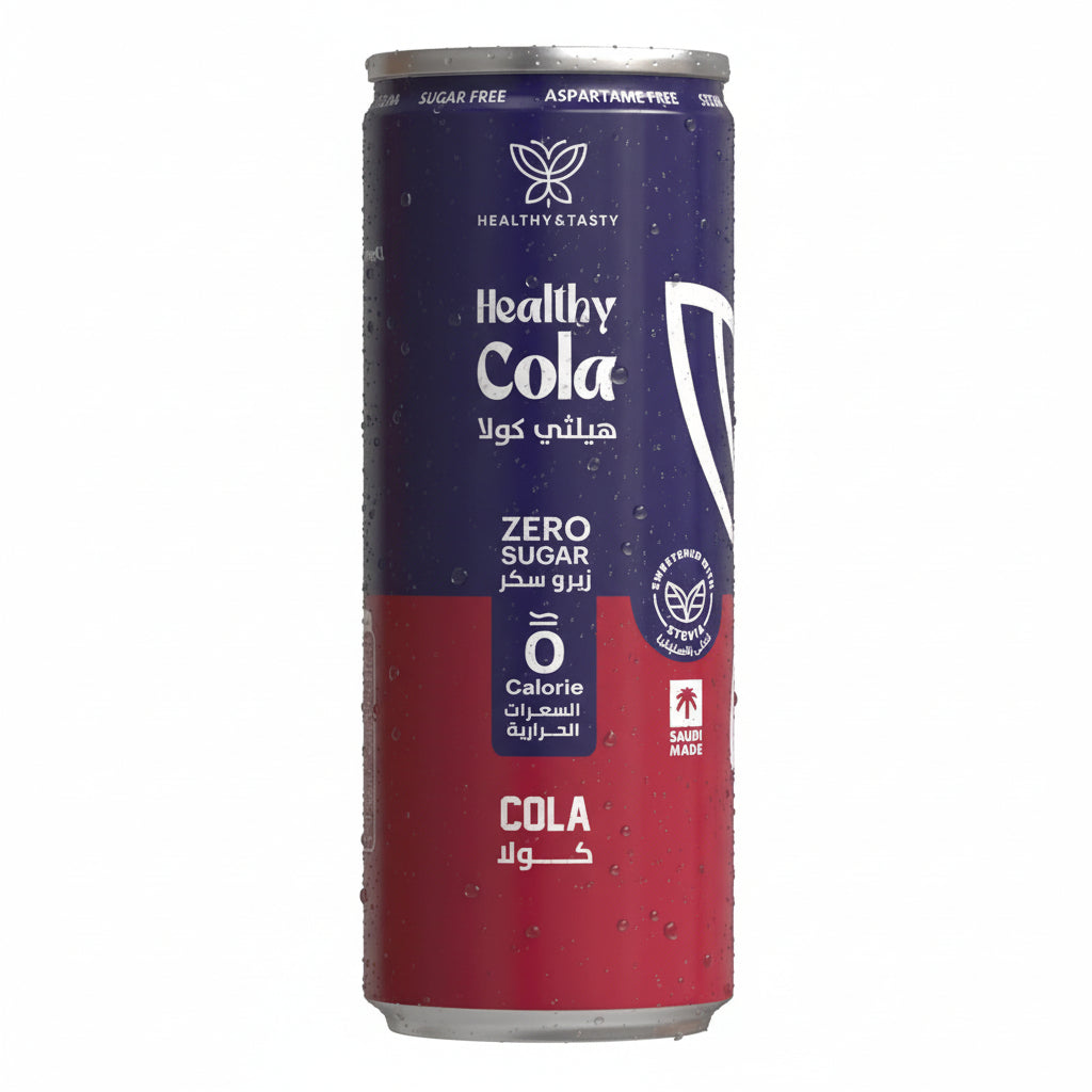 Healthy Cola zero sugar aluminum can with navy and red label, stevia sweetened, Saudi made