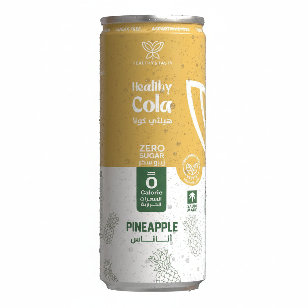 Heathy Cola Pineapple 250ml aluminum can with zero sugar stevia sweetener and Saudi Made label