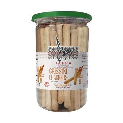 Jafra Cinnamon Grissini Crackers in clear glass jar with green lid, 300g Italian-style breadsticks