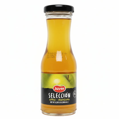 Juver Apple 200ml clear glass bottle with matte black cap, green apple skin label texture, golden-yellow juice