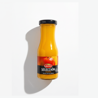 Juver Mango 200ml glass bottle with amber-orange liquid, black cap, and red-yellow mango label