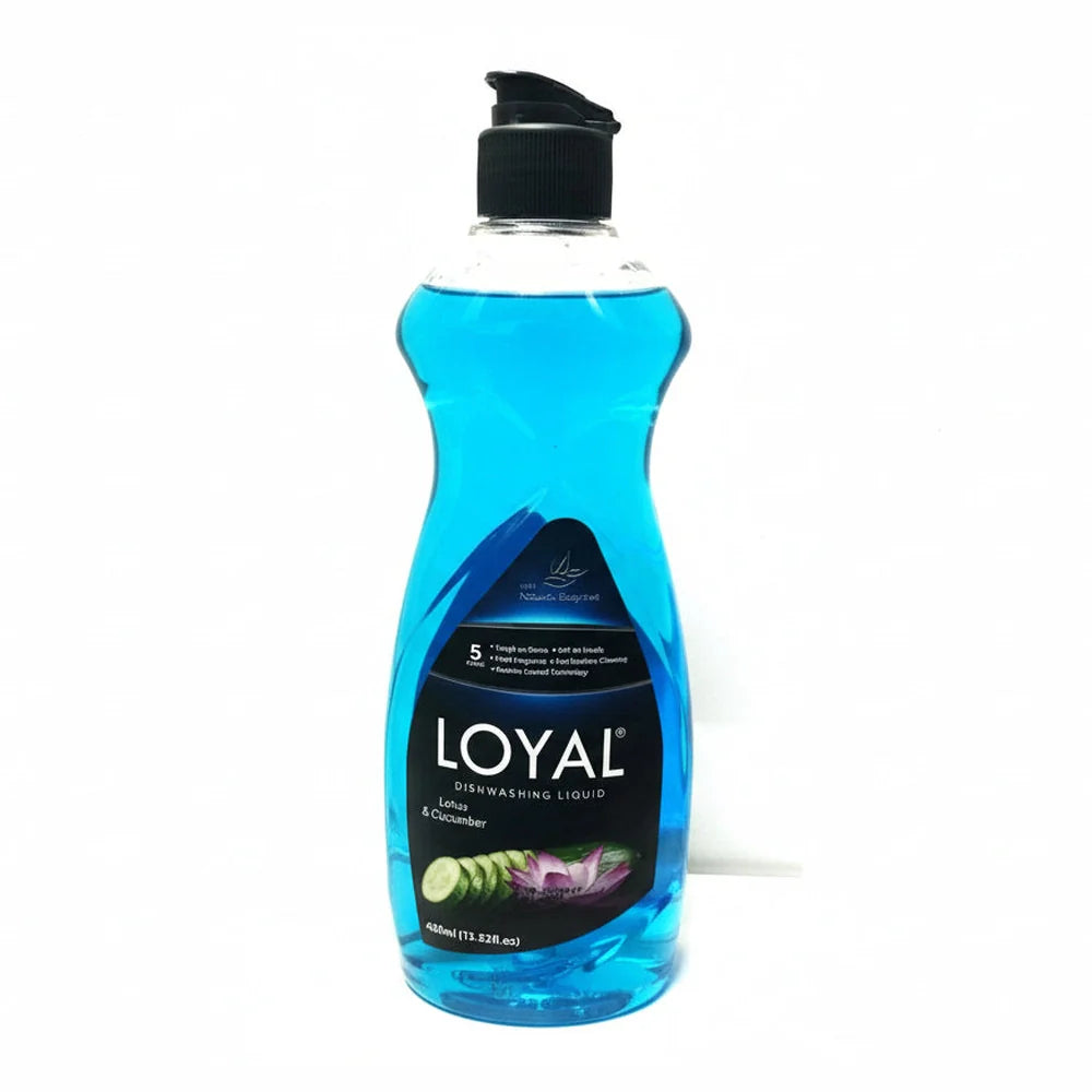 Loyal electric blue dishwashing liquid with cucumber and lotus scent in 400ml pump bottle