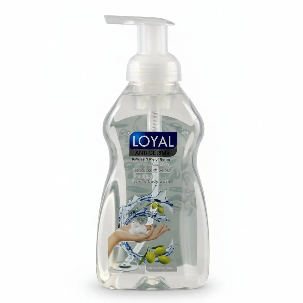 Loyal Anti-Germ Foaming Hand and Body Wash clear bottle with olive branch graphic