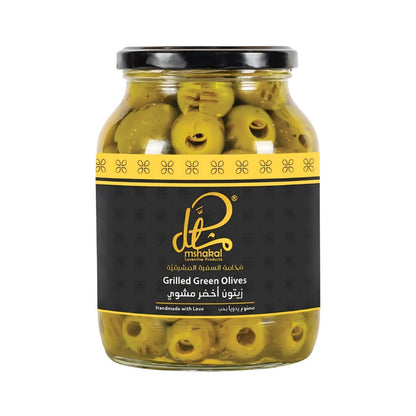 Mshakal Green Grilled Olives 850g jar with charred texture, black lid, and gold Levantine label