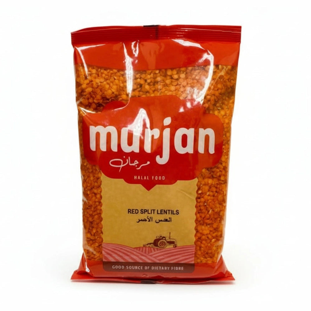Murjan Red Split Lentils 2lb glossy red pouch with transparent window showing orange-red lentils and Halal label