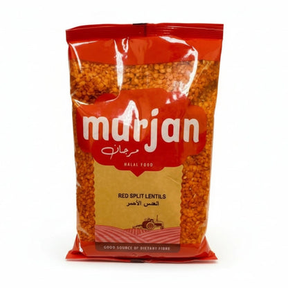Murjan Red Split Lentils 2lb glossy red pouch with transparent window showing orange-red lentils and Halal label