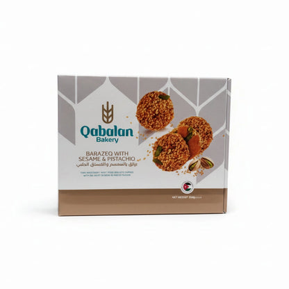 Qabalan Barazek with Sesame & Pistachio 350g box showing toasted sesame coating and green pistachio pieces