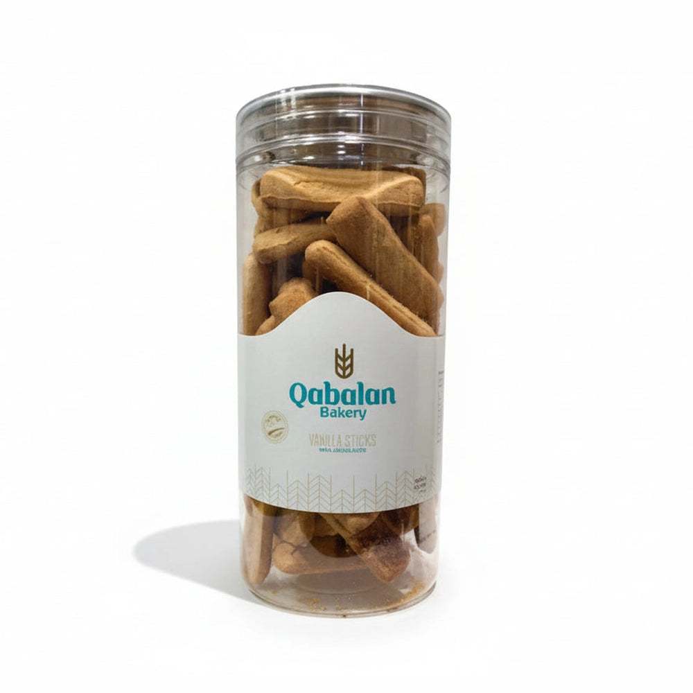 Qabalan Vanilla Sticks 450g in clear cylindrical container with teal and gold label showing golden-brown handcrafted pastry texture