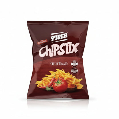 front of Tiger Chipstix Chilli Tomato chips bag with tomato and chili peppers