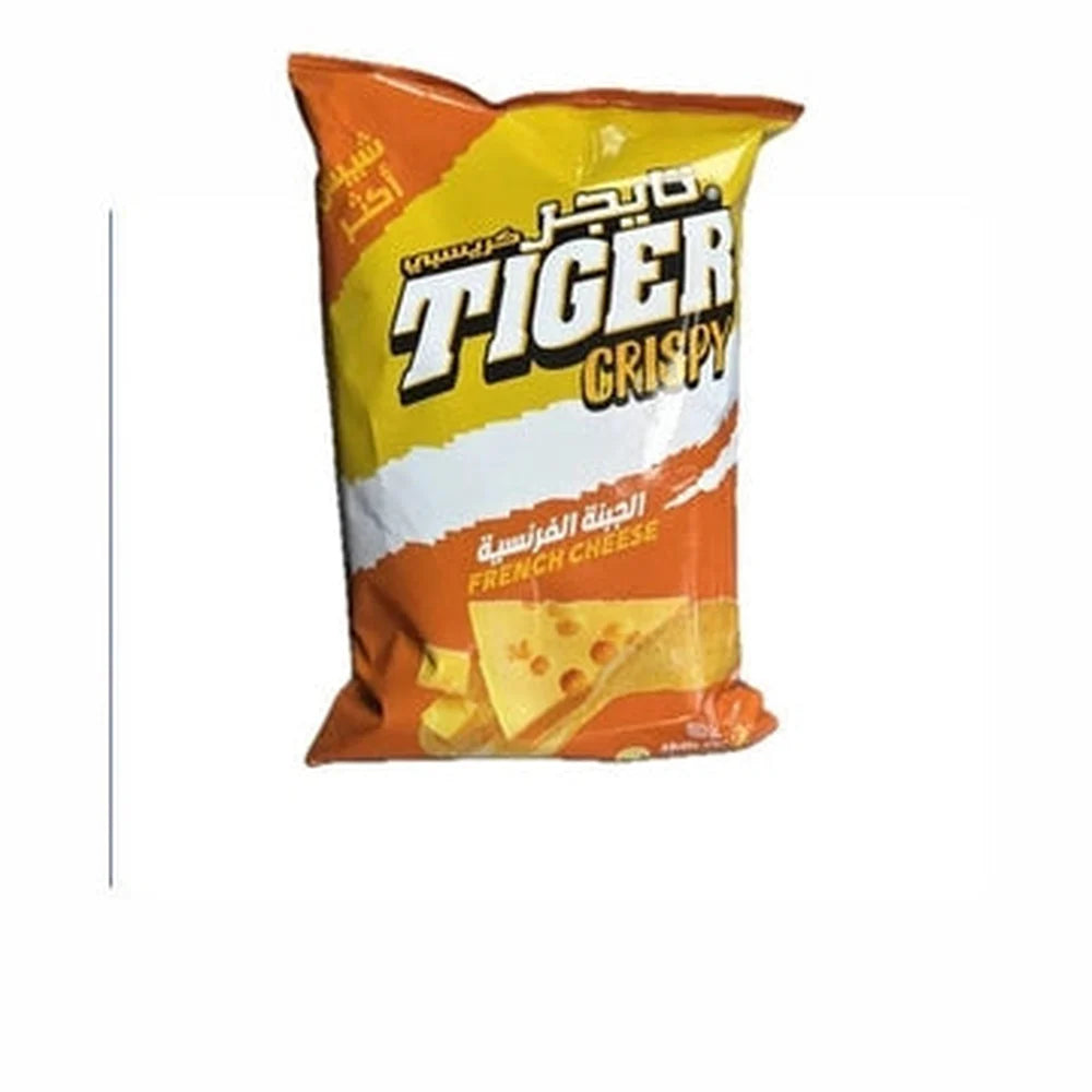 Tiger Crispy French Cheese chips bag with orange and yellow packaging, Swiss cheese illustration, and bilingual Arabic English text
