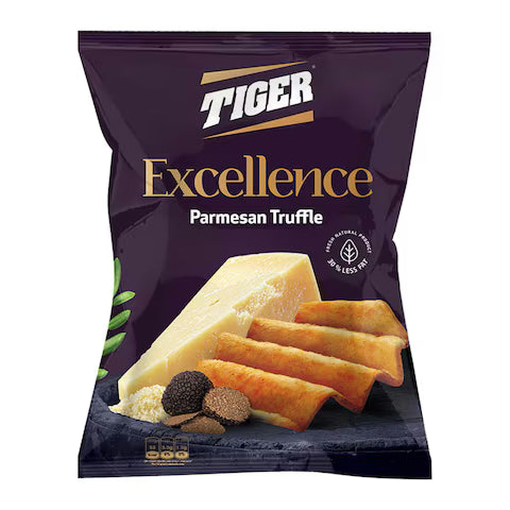 Tiger Excellence Parmesan Truffle chips packaging showing fresh natural product badge and 30% less fat claim