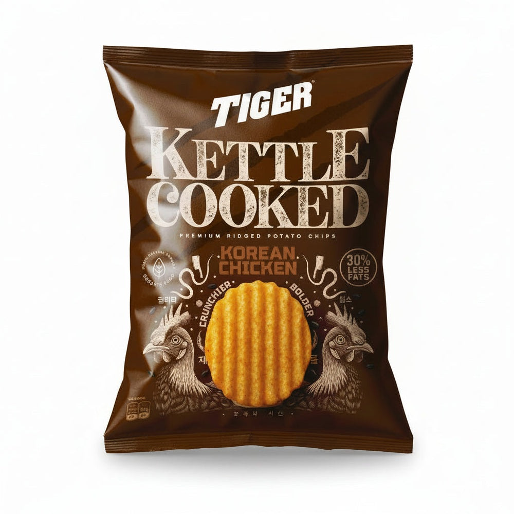 Tiger Kettle Cooked Korean Chicken potato chips in brown matte bag with rooster logo and 30% less fat badge