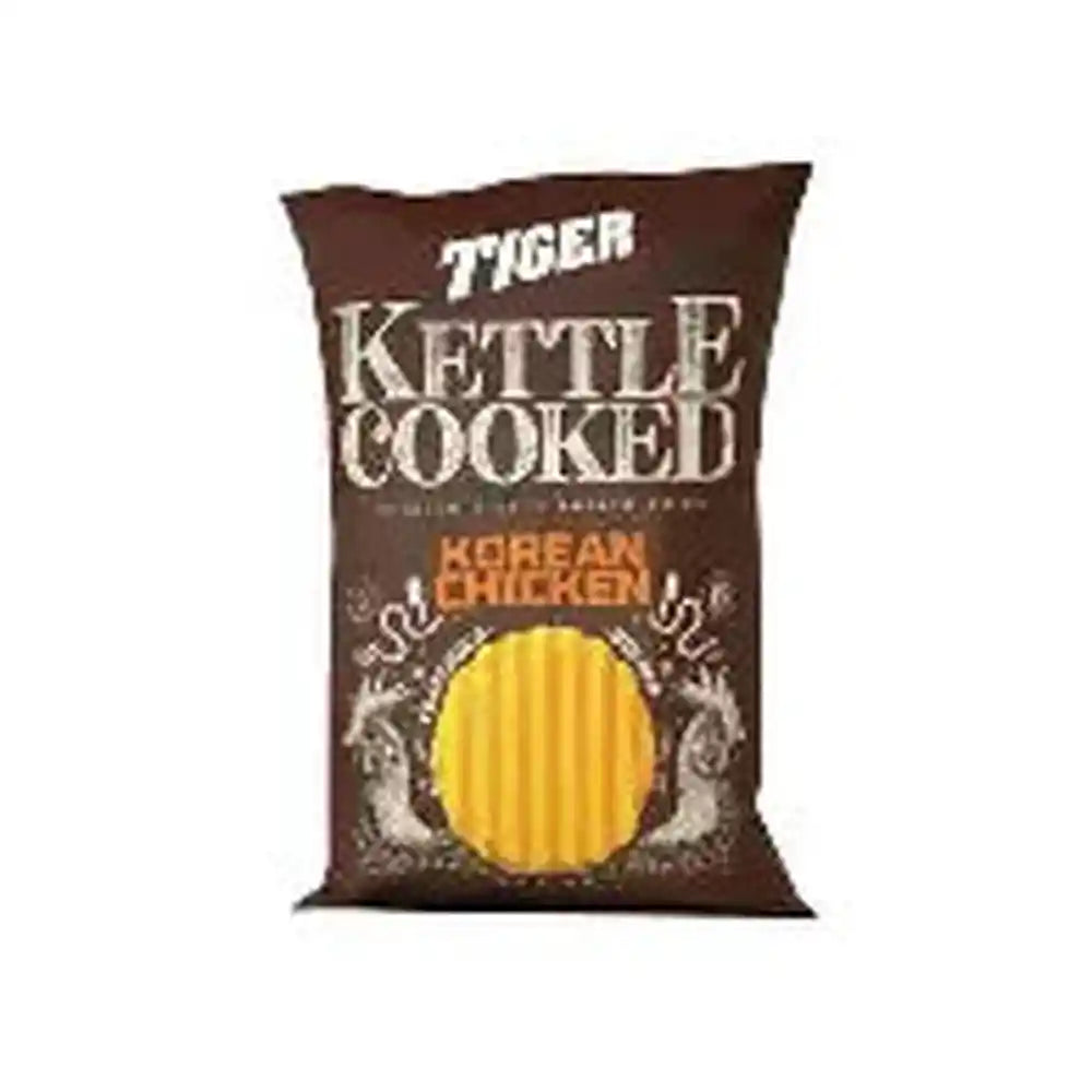 Tiger Kettle Cooked Korean Chicken chips in brown matte bag with golden ridged chip visible