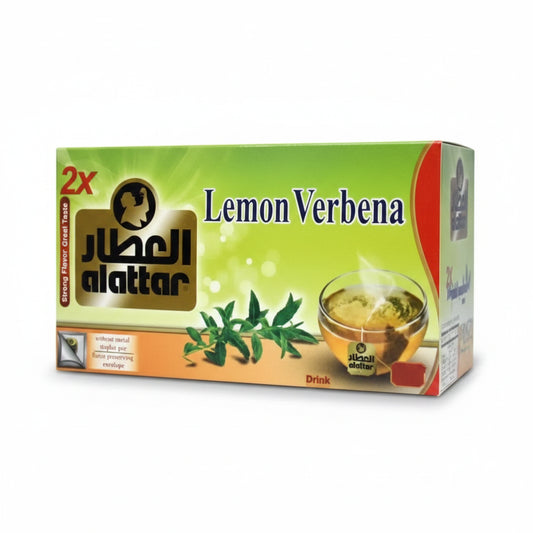 Attar Lemon Verbena tea box with gradient green-orange design, gold foil logo, and illustration of fresh leaves showing 24 individually wrapped bags