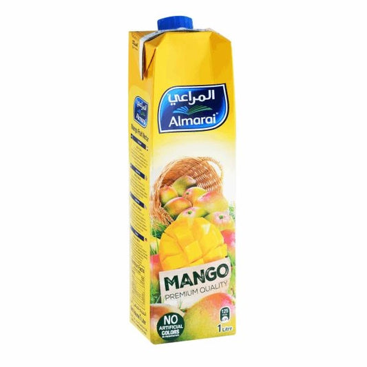 Al Marai Mango Juice 1L carton with blue cap, diced mango illustration, and no artificial colors badge