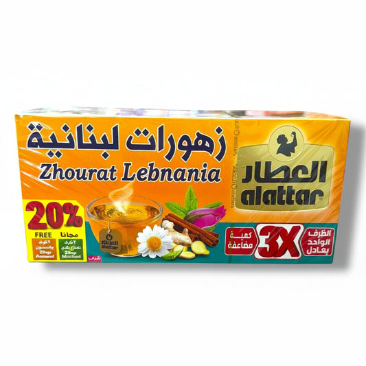 Attar Zhourat Lebanese herbal tea box with orange teal packaging, mint rose cinnamon botanicals, 24 bags plus free extras