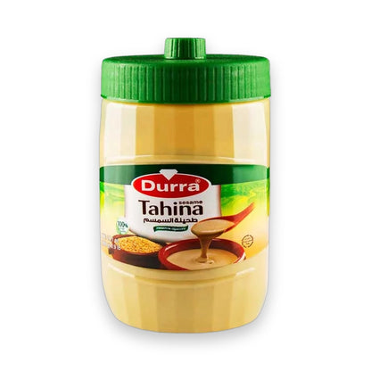 Durra Sesame Tahini 400g jar with green lid showing creamy beige tahini and toasted sesame seeds on label