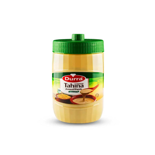 Durra Sesame Tahini 400g jar with green lid showing creamy beige tahini and toasted sesame seeds on label