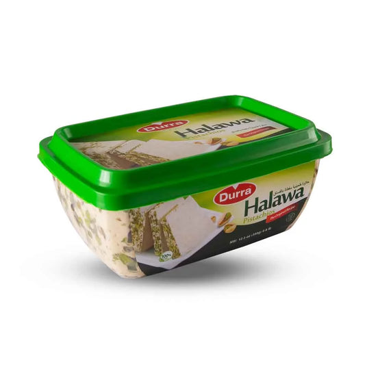 Durra Halawa Pistachios 350g in green-lidded container with visible beige halawa and embedded pistachios