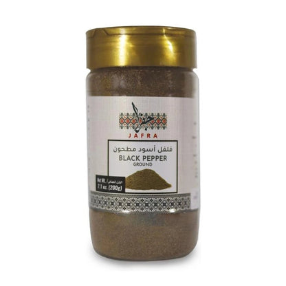 Jafra Black Pepper Ground 200g in clear jar with gold lid and red label