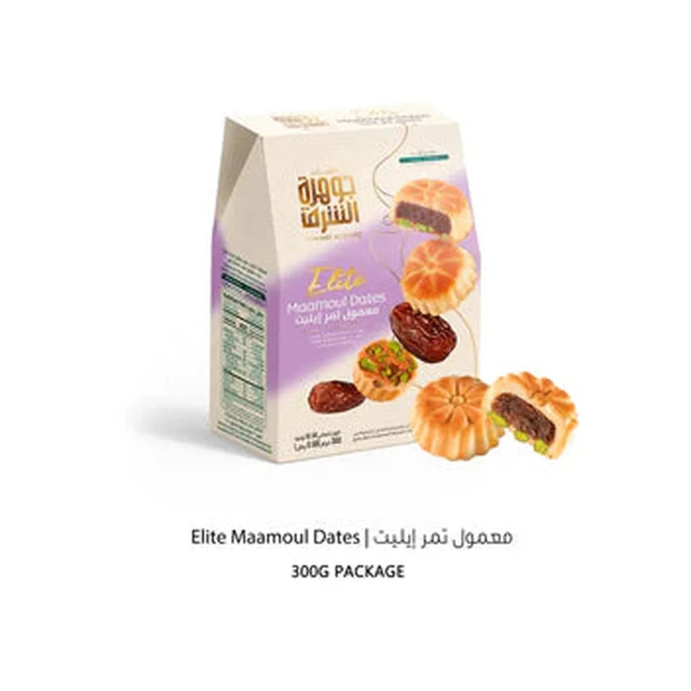 Jawhart Alsharq Elite Maamoul Dates 300g package with pistachio filling and gold foil accents