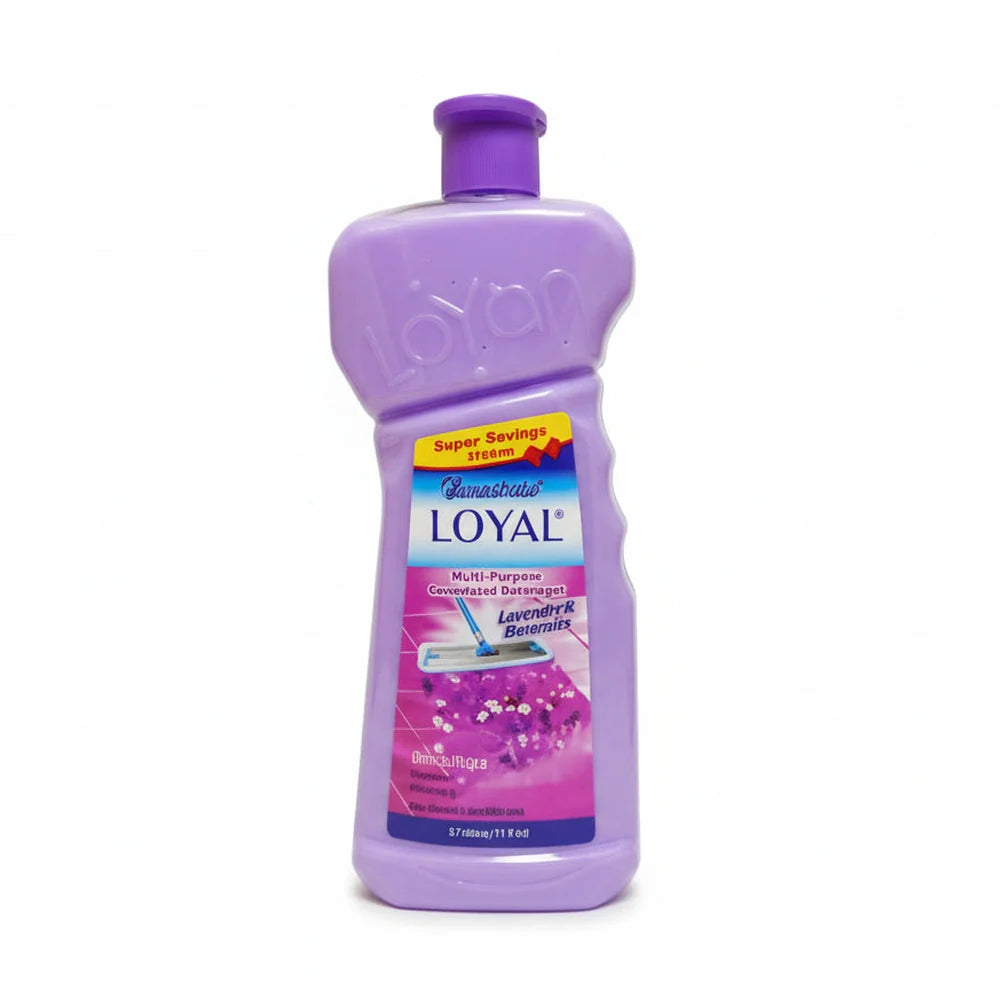 Loyal purple lavender floor cleaner bottle with textured grip and microfiber mop graphic