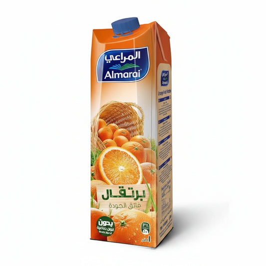 Al Marai 1L orange juice carton with blue cap, vibrant orange gradient packaging, sliced orange imagery, and Arabic text on matte paperboard