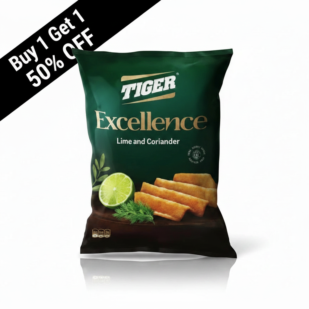 Tiger Excellence Lime Coriander chips bag with Buy 1 Get 1 50% OFF banner