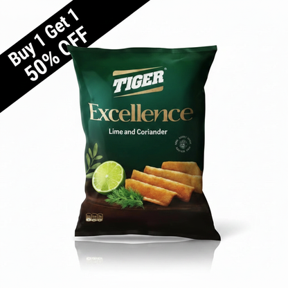 Tiger Excellence Lime Coriander chips bag with Buy 1 Get 1 50% OFF banner