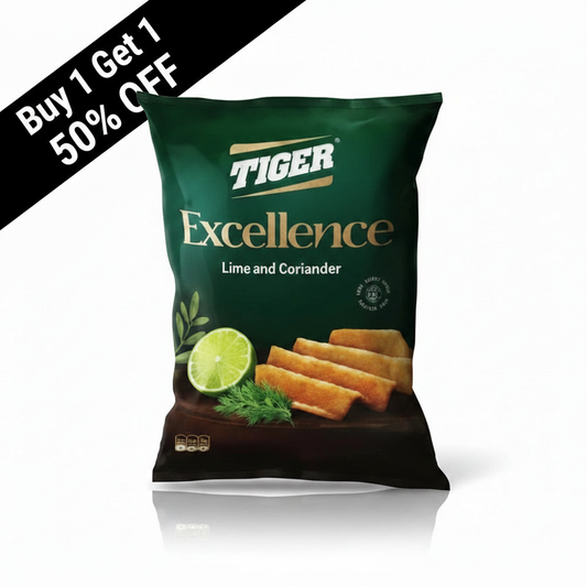 Tiger Excellence Lime Coriander chips bag with Buy 1 Get 1 50% OFF banner