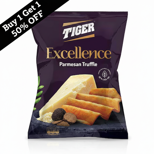 Tiger Excellence Parmesan Truffle chips bag with Buy 1 Get 1 50% OFF banner, featuring aged cheese and truffle visuals