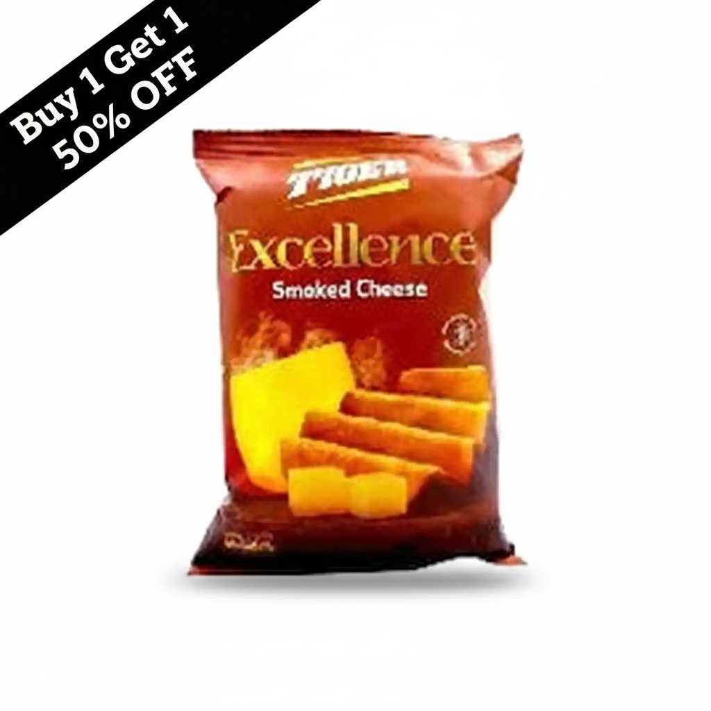 Tiger Excellence Smoked Cheese chips 120g red-orange bag with gold text and Buy 1 Get 1 50% OFF banner