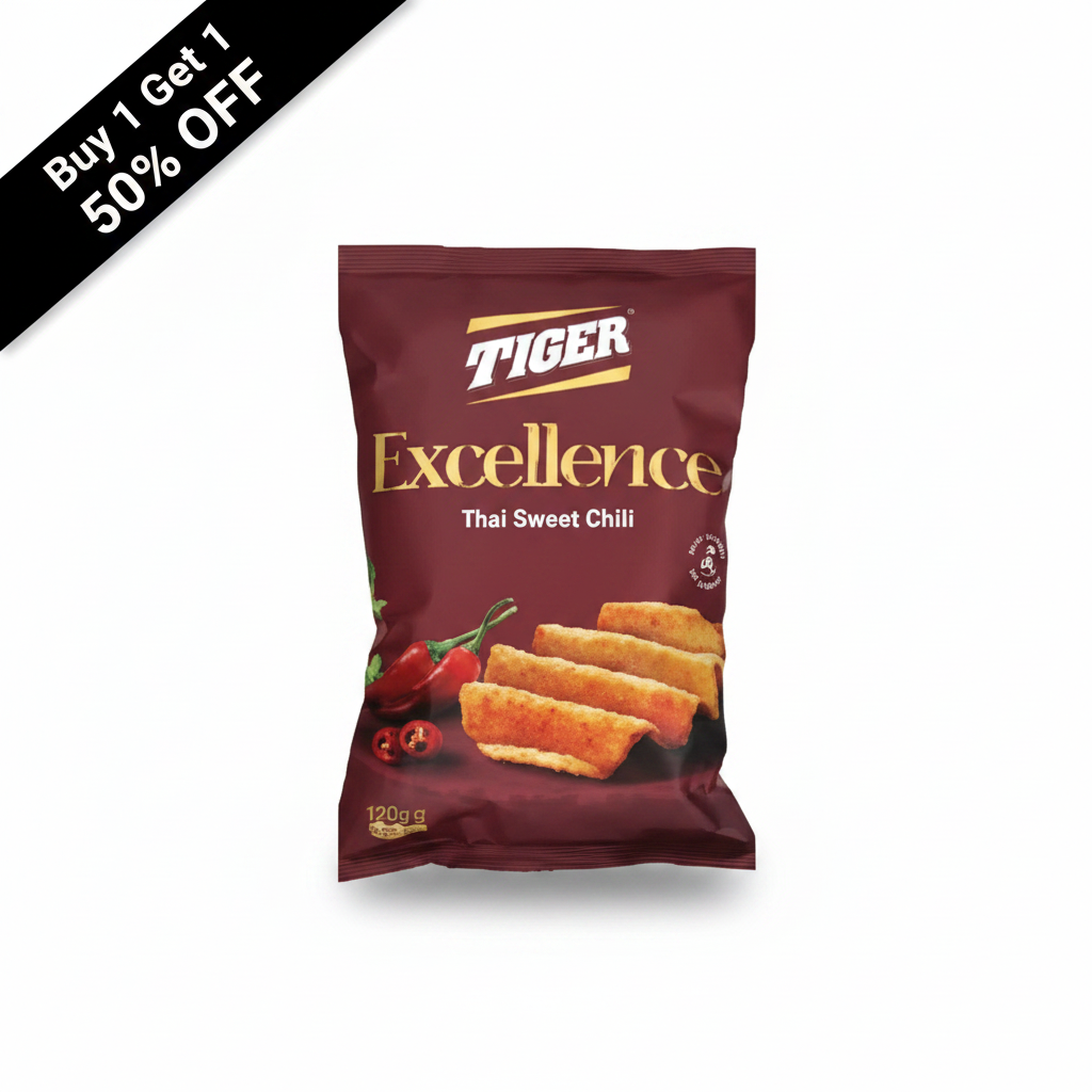 Tiger Excellence Thai Sweet Chili crispy chips maroon bag with Buy 1 Get 1 50% OFF banner and chili peppers
